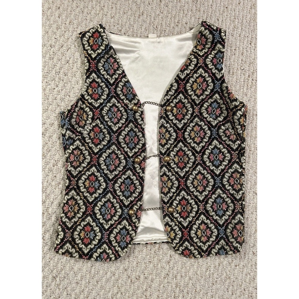 Vintage Tapestry Patchwork Hippie Cottage Core Vest Size S Button Chain Festival